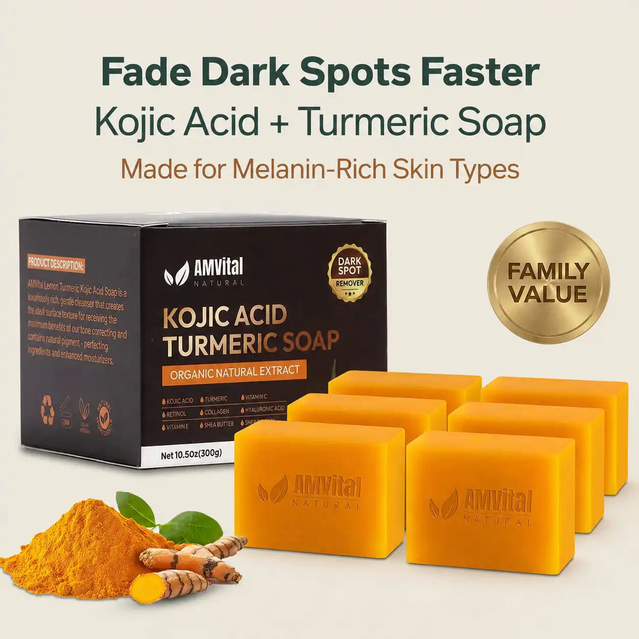 AMVital Turmeric Kojic Acid Soap Bar for Dark Spots & Uneven Tone